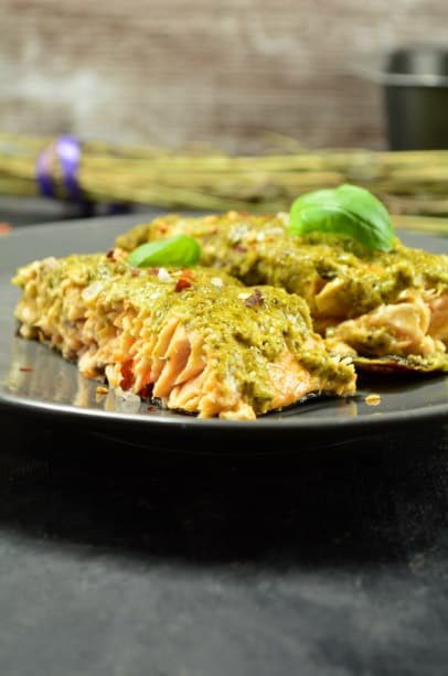 Green Pesto Salmon with Porcini Mushrooms